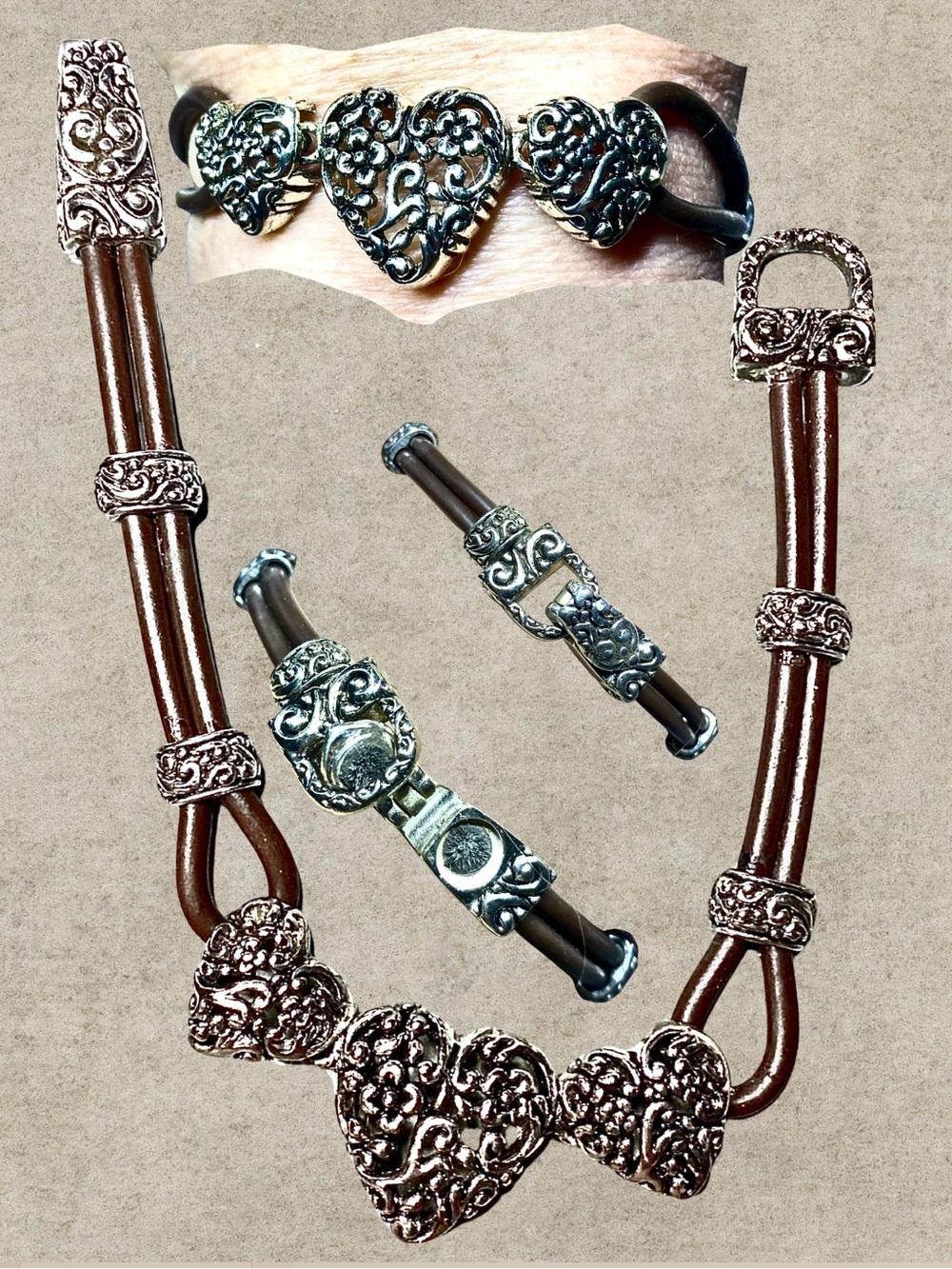 Heart Link Brown Bracelet with Ornate Silver-Tone Accents
